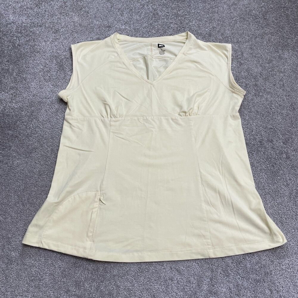 Rei Outdoor Shirt Womens XL Yellow Cap Sleeve Zip Pocket V-Neck Stretch Casual